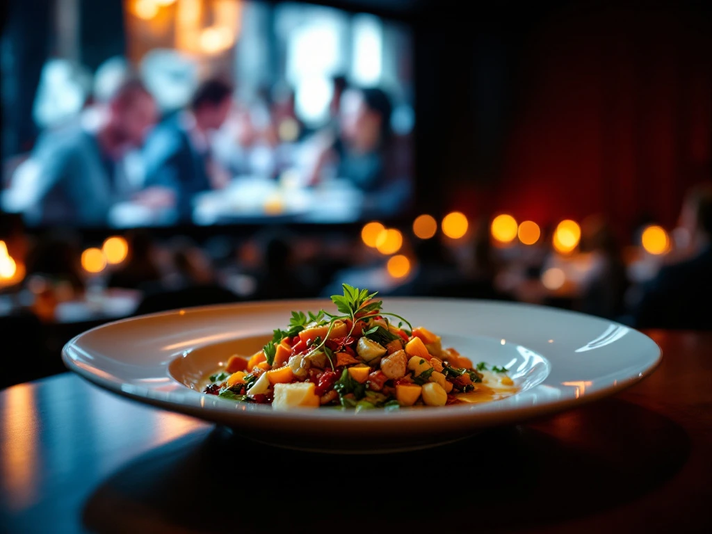 Elegant gerecht voor bioscoopscherm waarop dezelfde maaltijd verschijnt, "What You See Is What You Eat"-concept in luxe filmdiner-ambiance.