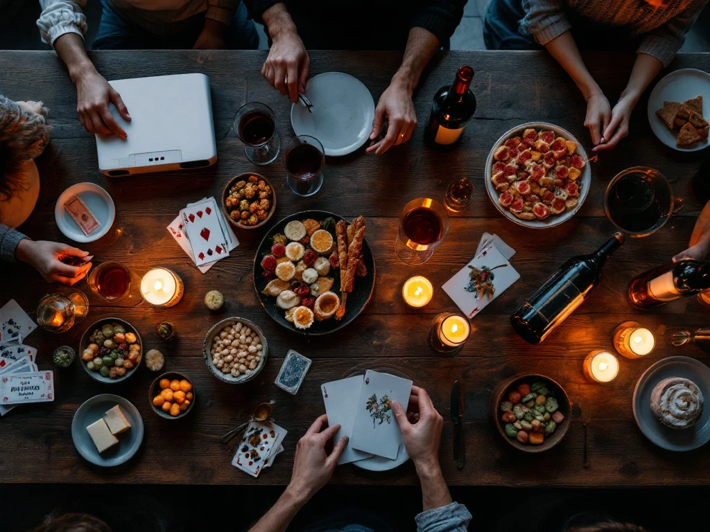 Stijlvol gedekte houten tafel voor vriendenbijeenkomst met wijnglazen, hapjes, bordspellen, kaarten en projector in warm sfeerlicht met kaarsen en rijke amberkleurige tinten.