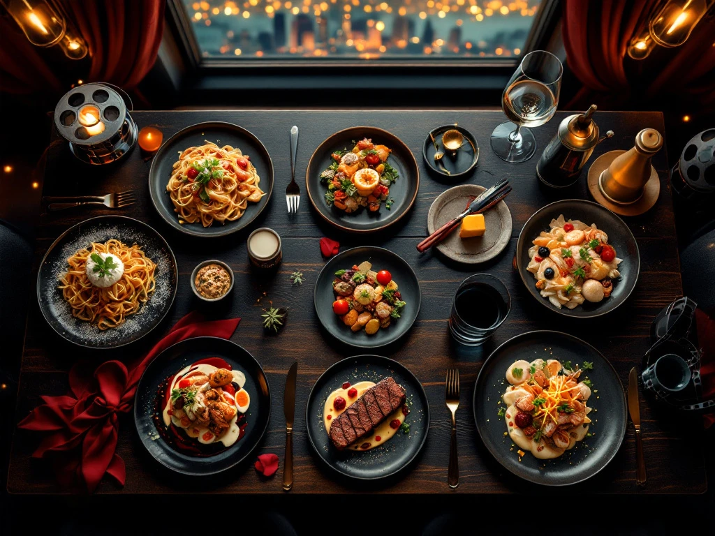 Zeven gourmet gerechten op donkere houten tafel met filmrollen en Rotterdam skyline op achtergrond