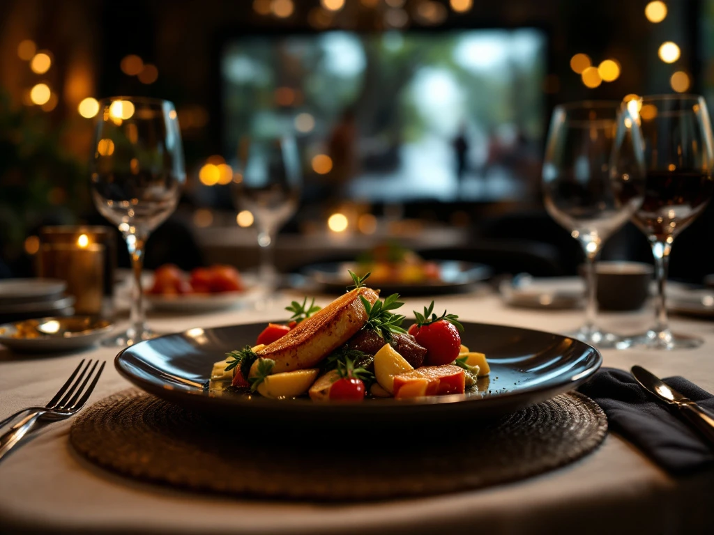 Haute cuisine gerecht op elegante tafel met filmische belichting, naadloos overgaand in dezelfde maaltijd op bioscoopscherm erachter.