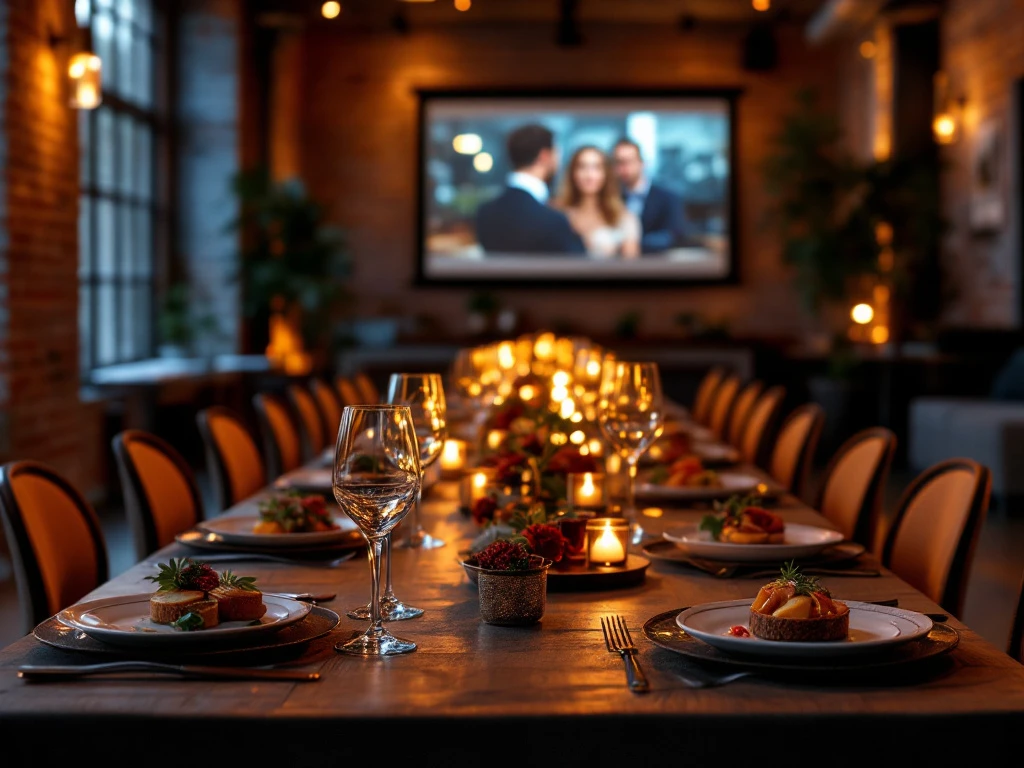 Elegant gedekte lange eettafel in industriële ruimte met bakstenen muren, filmthema decoratie en projectiescherm voor een zakelijk evenement
