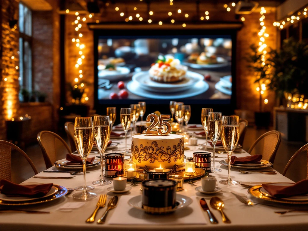 Feestelijk gedekte tafel voor 25-jarig jubileum in industriële ruimte met bakstenen muren, filmrolversiering, taart met "25" en cinemascherm op de achtergrond.