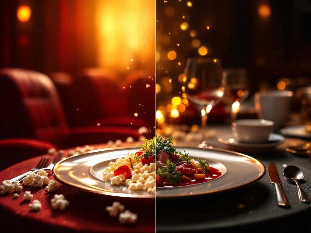 Luxe bioscoopstoel en elegante dinertafel verbonden door filmrol die overgaat in bord, met gouden verlichting