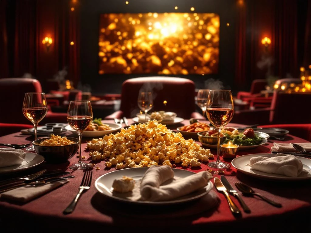 Luxe bioscoopstoel aan elegante eettafel met filmscherm, popcorn op borden en wijnglazen in gouden verlichting