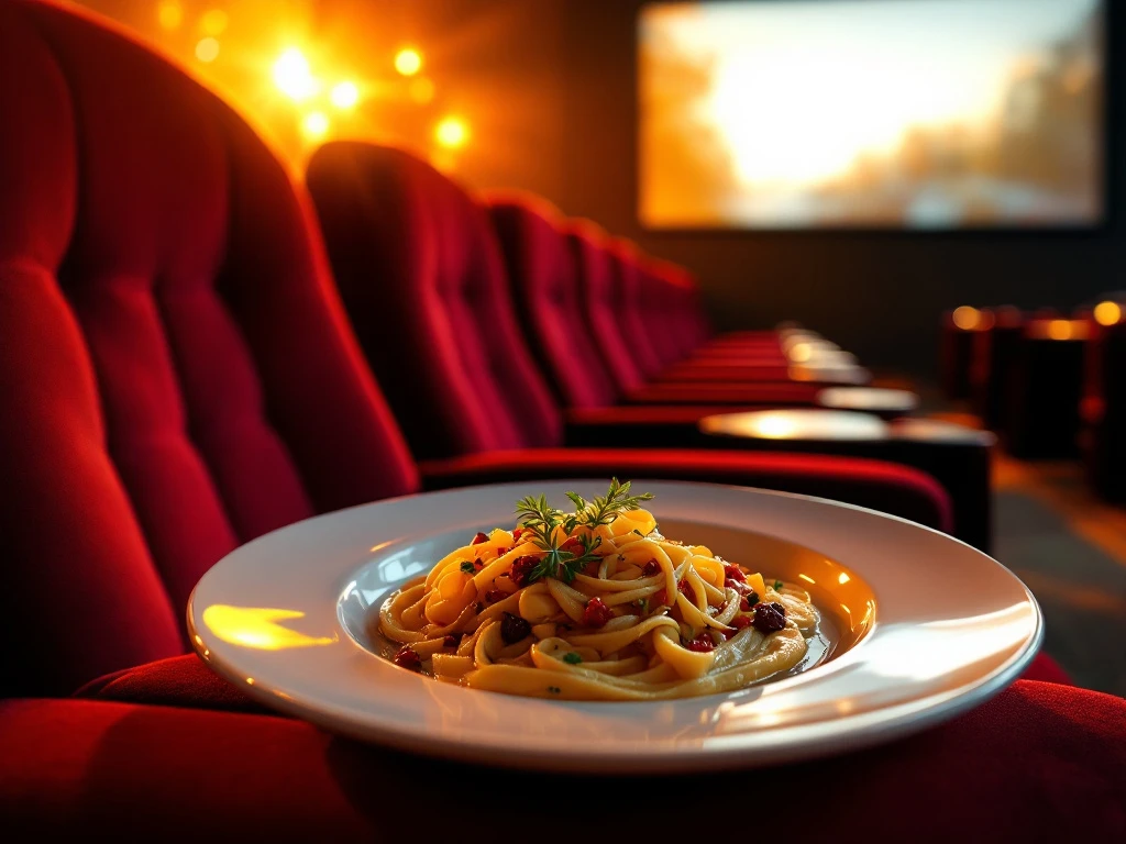 Gourmet gerecht op wit bord in luxe bioscoop-restaurant met rode fluwelen stoelen en warme verlichting