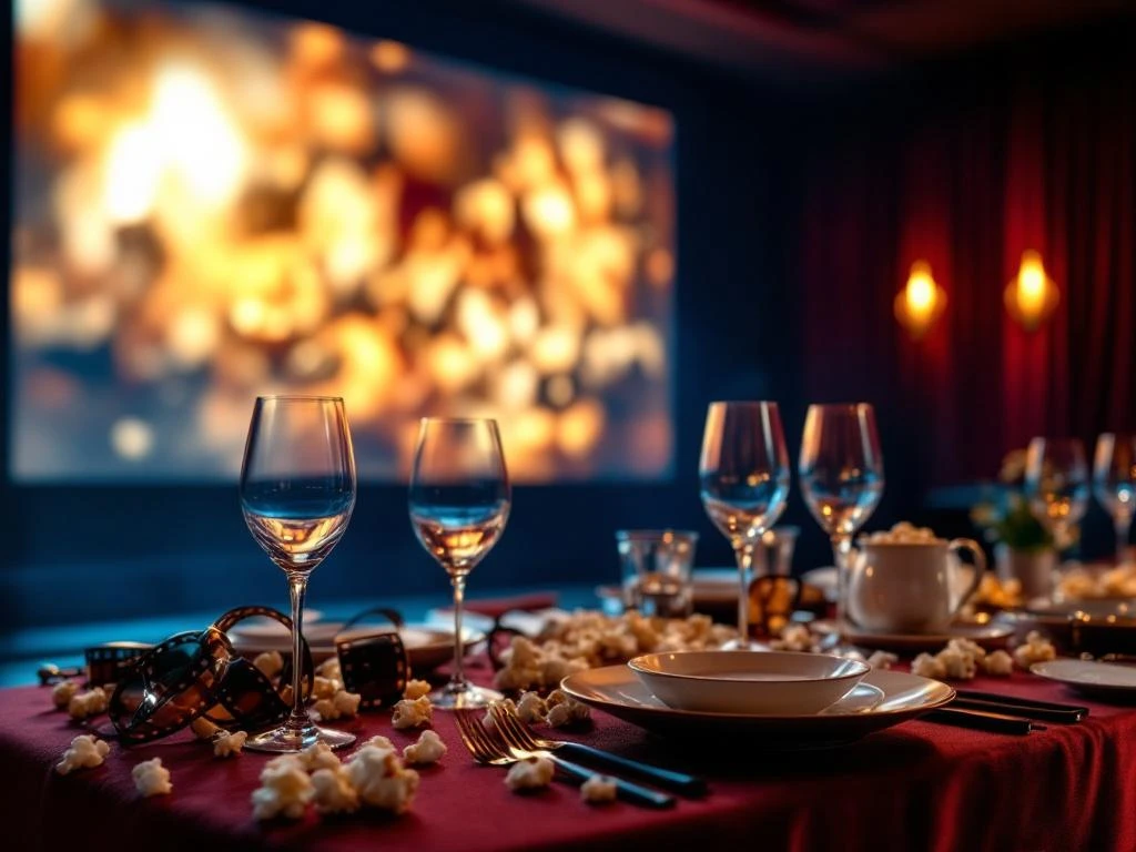 Luxe dinertafel met gastronomische gerechten en wijnglazen voor groot filmscherm met gouden beelden