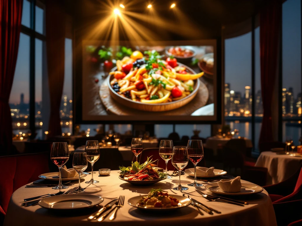 Luxe restaurant tafel met gourmet gerechten en wijn, verlicht door filmprojector met culinaire film op groot scherm, Rotterdam skyline