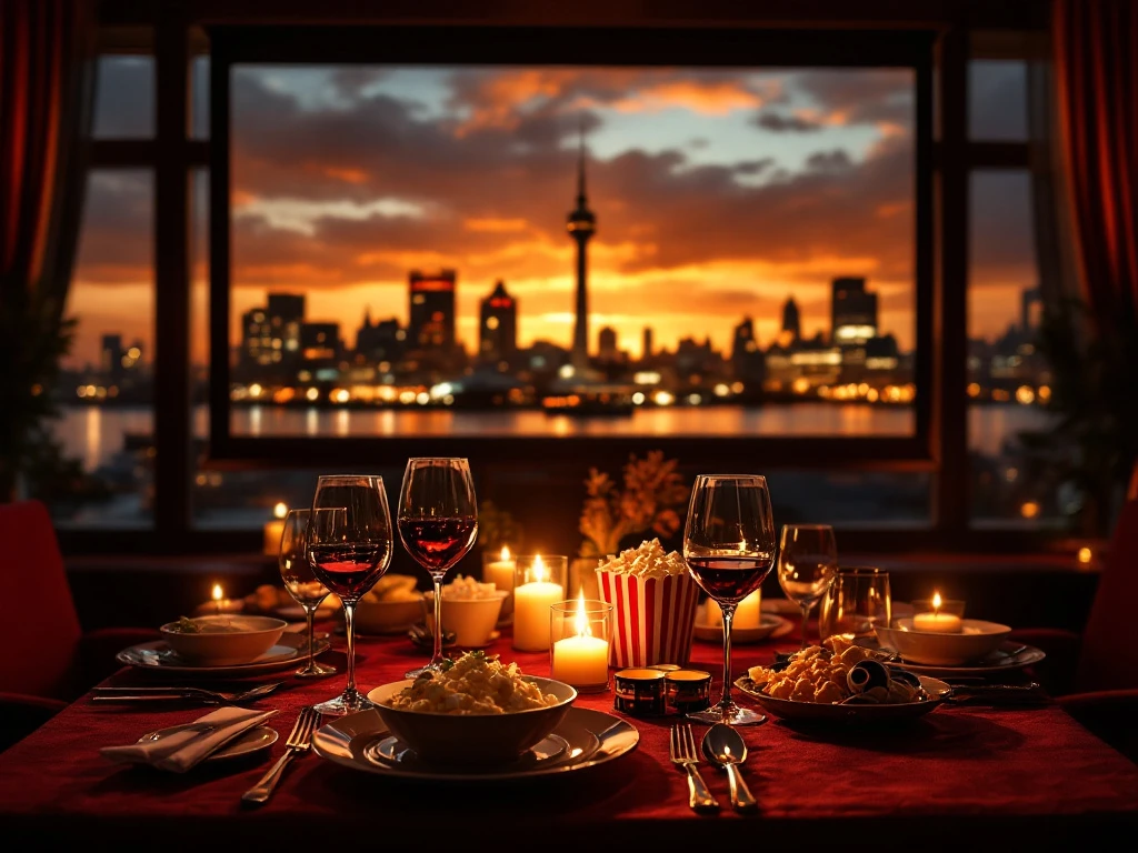 Luxe dinertafel voor twee met wijnglazen en gourmetgerechten voor grote bioscoopscherm, Rotterdam skyline op achtergrond