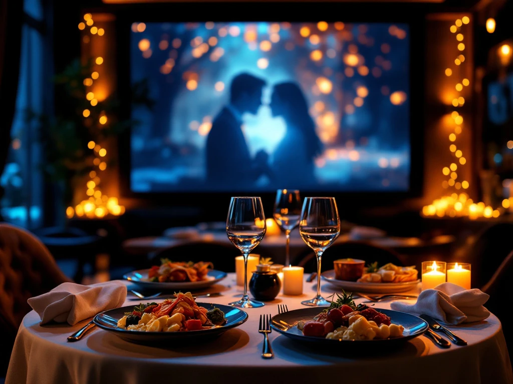 Luxe dinertafel voor twee in Eindhovens restaurant met kaarslicht, wijnglazen en filmscherm op achtergrond