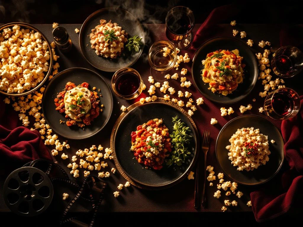 Elegante eettafel met gourmetgerechten, verspreide popcorn en filmrol in warm gouden licht vanuit vogelperspectief