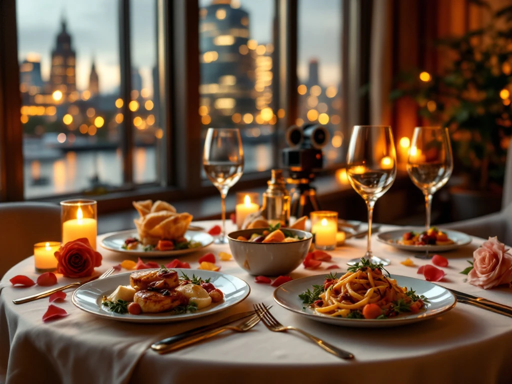 Luxe diner tafel voor twee in elegant Rotterdam restaurant met filmcamera decoratie en skyline uitzicht bij kaarslicht