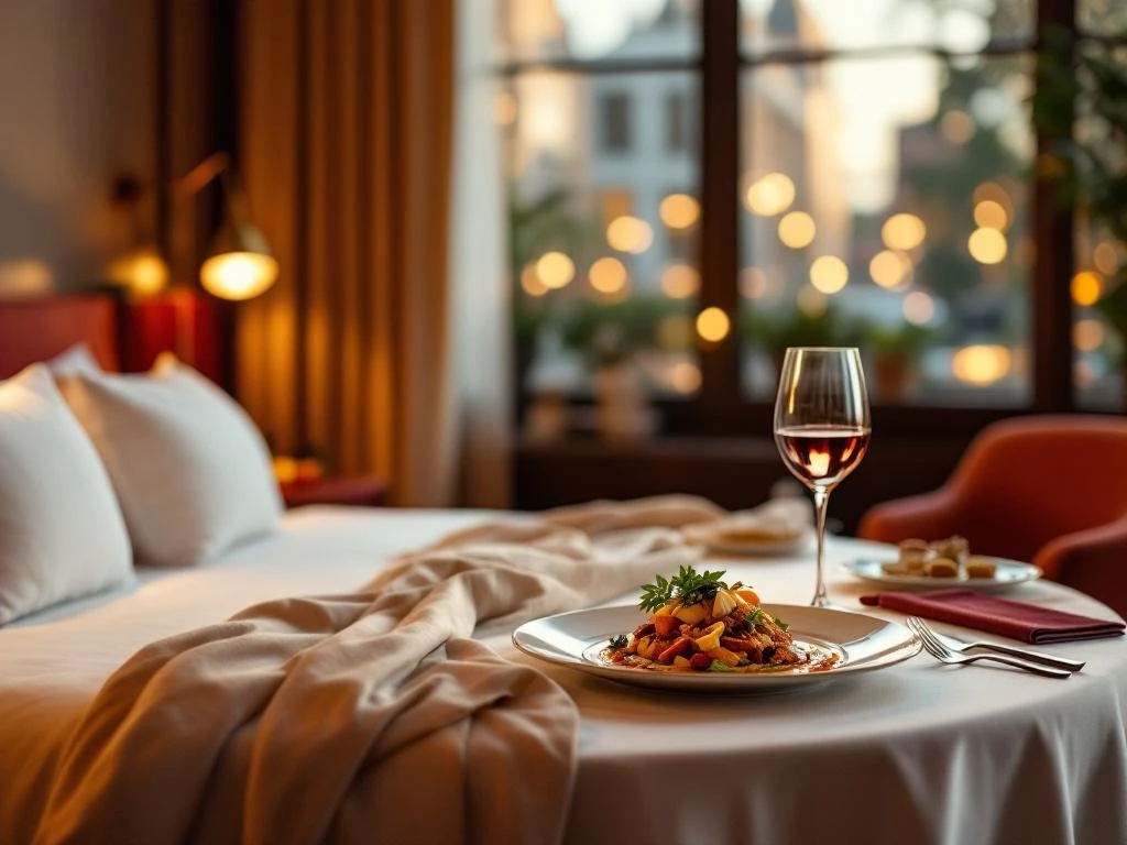 Luxe hotelkamer en gastronomisch diner in Den Haag met gouden verlichting en uitzicht op architectuur