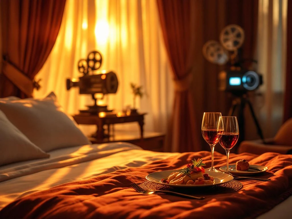 Luxe hotelkamer met kingsize bed, gastronomisch diner op nachtkastje en vintage filmprojector in warm avondlicht