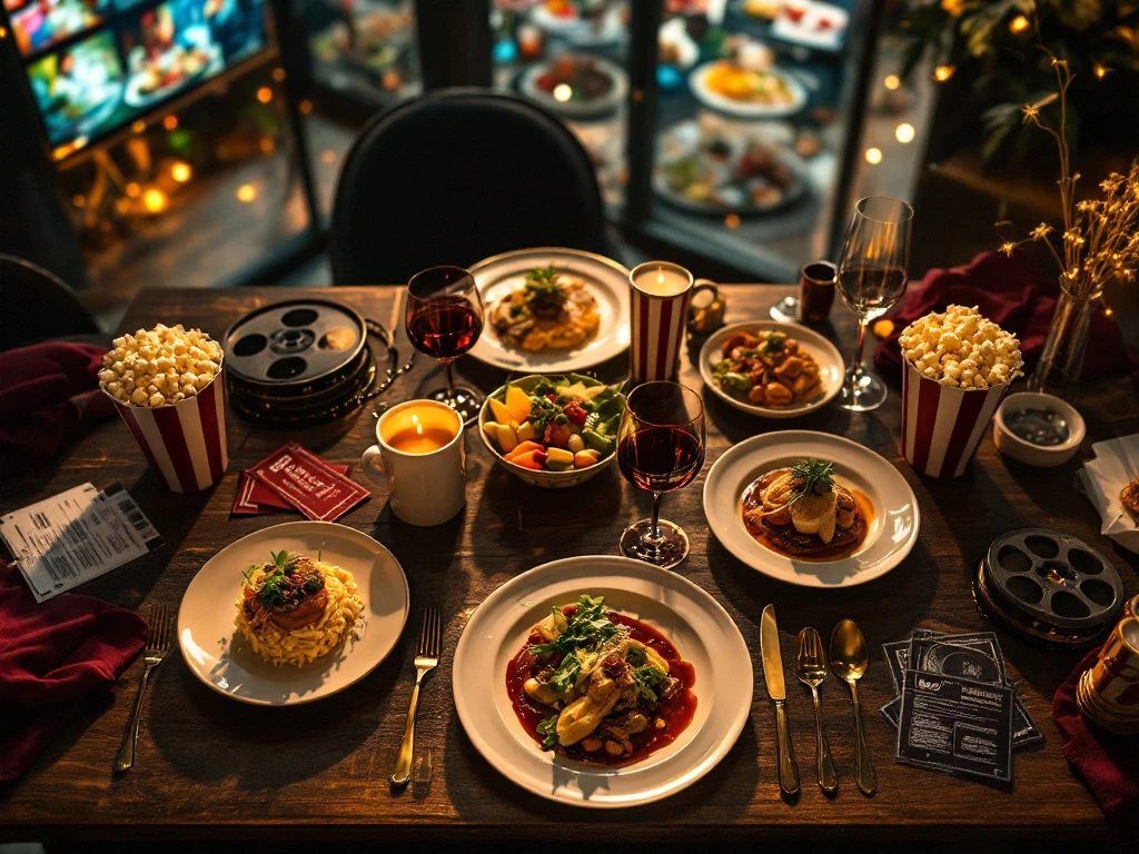 Luxe eettafel met gastronomische gerechten, filmrollen en popcorn in Rotterdam restaurant met gouden cinematische verlichting