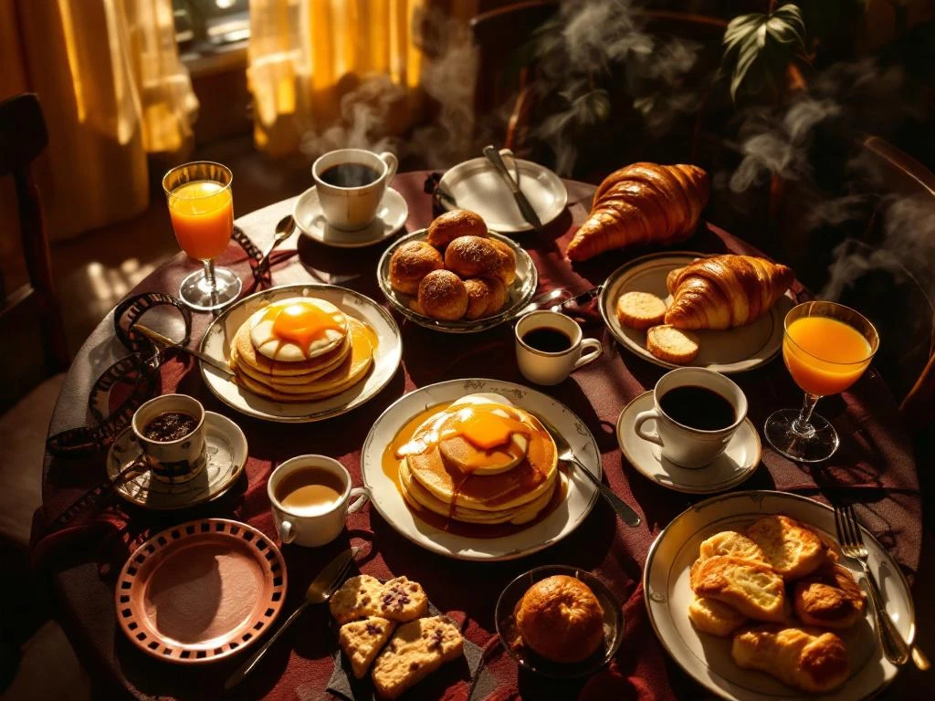 Cinematisch ontbijt van bovenaf met pannenkoeken, croissants, koffie en jus d'orange in warm gouden licht