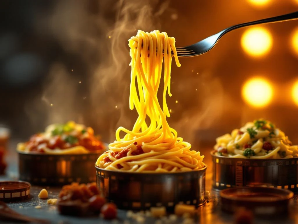 Dampende spaghetti op vork met carbonara, bolognese en pesto gerechten gerangschikt op vintage filmrollen in warme bioscoopverlichting