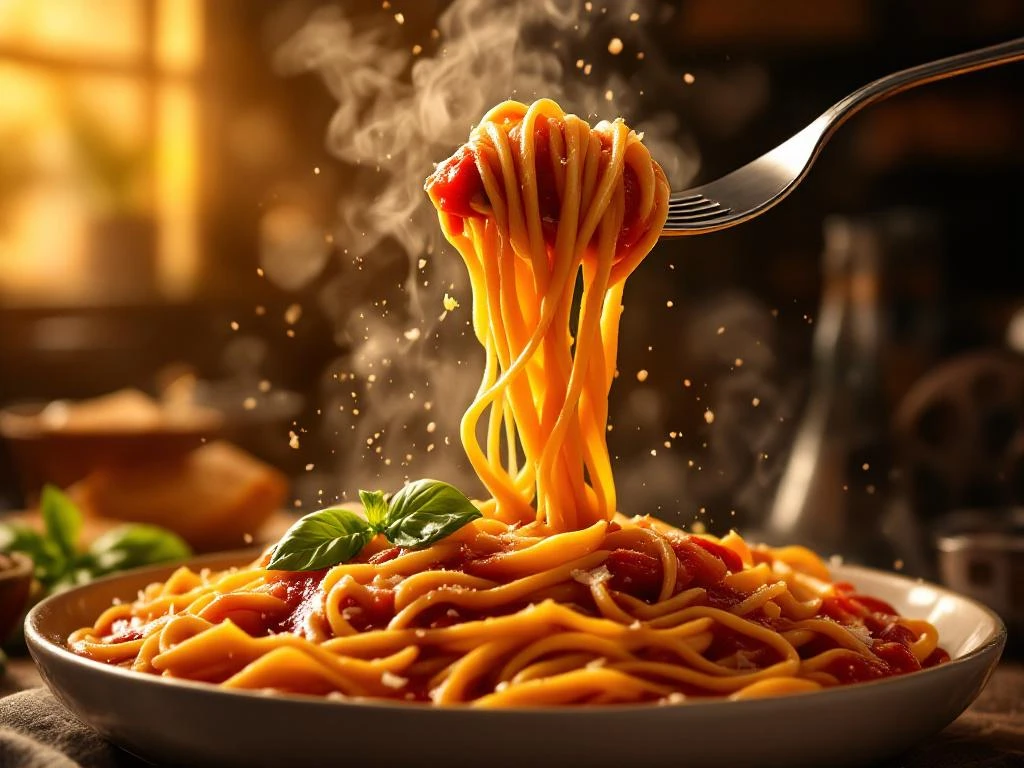 Verse pasta wordt op vork gedraaid met tomatensaus, stoom en basilicum, met filmrollen op achtergrond