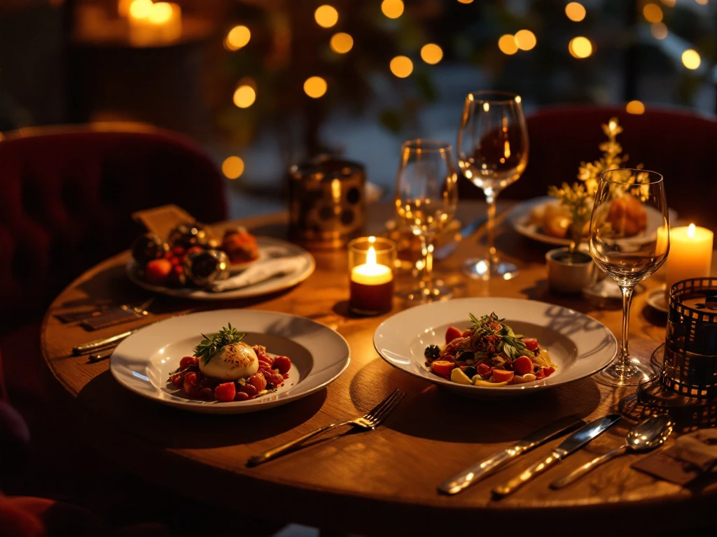 Elegante restauranttafel voor twee met gastronomisch diner, filmrol en kaartjes in warm gouden licht, Eindhoven