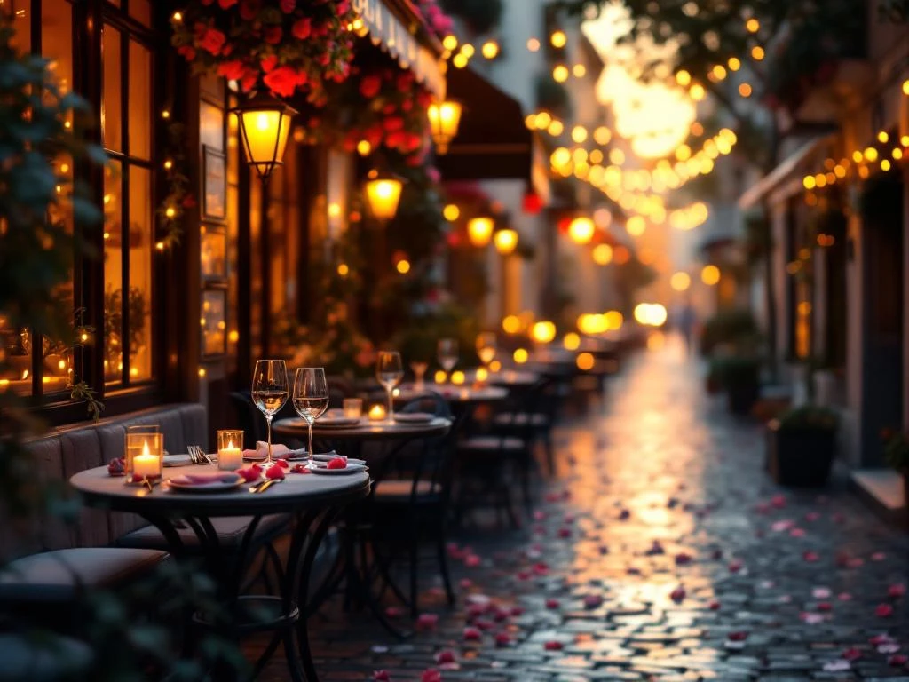 Intieme bistrotafels met kaarslicht op Europese kinderkopjesstraat bij zonsondergang met rozenbladen en wijnglazenn