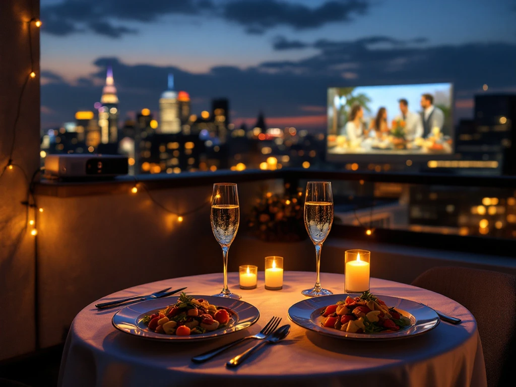 Romantisch dakrestaurant bij schemering met privécinema, gedekte tafel voor twee, gourmetgerechten en uitzicht op verlichte skyline.