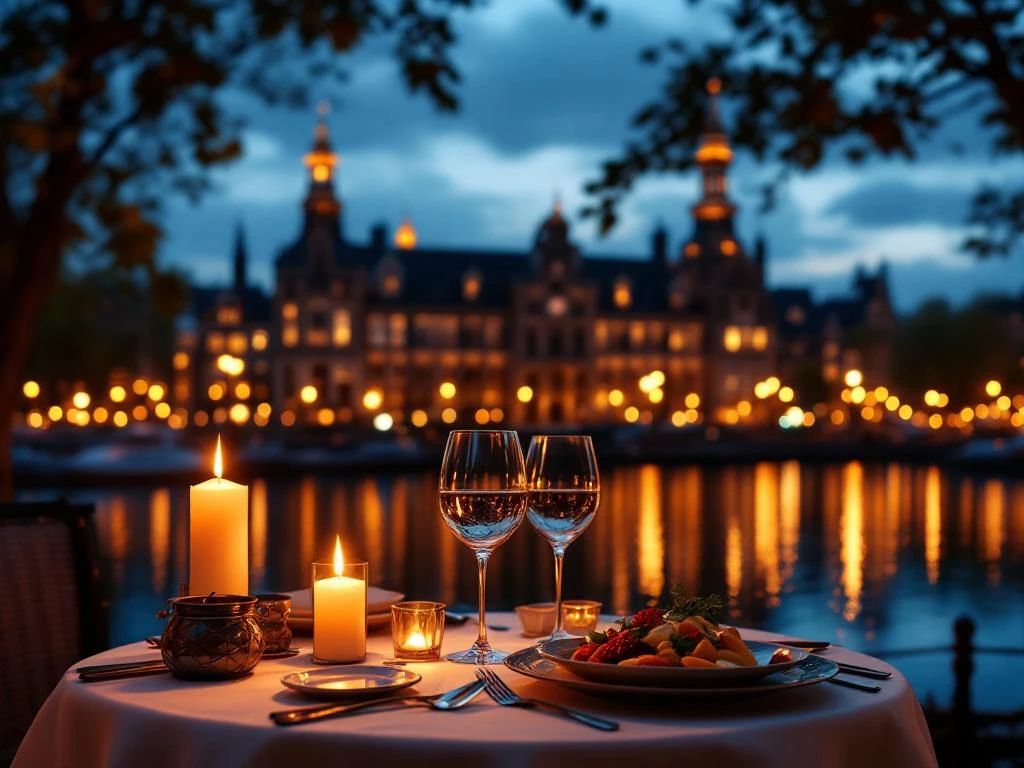 Romantisch diner voor twee met uitzicht op verlicht Binnenhof in Den Haag tijdens schemering