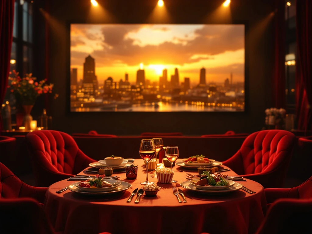 Elegante dinertafel voor twee met rode fluwelen stoelen voor grote filmscherm, gouden verlichting en Rotterdam skyline