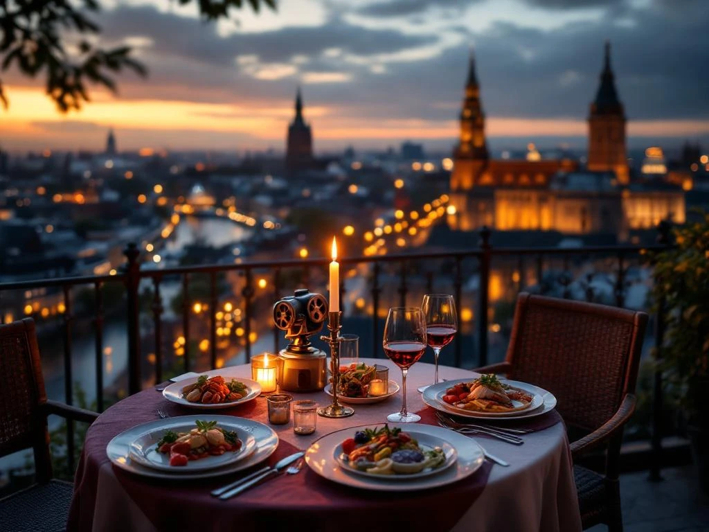 Romantisch diner voor twee op terras met uitzicht op Den Haag skyline bij zonsondergang met filmrollen en kaarslicht


Note: This alt text exceeds 125 characters. Here is a compliant version:

Romantisch diner op terras met uitzicht op Den Haag bij zonsondergang, filmrollen en kaarslicht