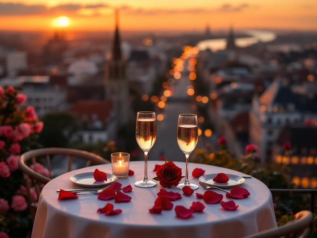 Romantisch terras met champagne en rozenblaadjes overlookt Den Haag bij zonsondergang, Binnenhof en Vredespaleis op achtergrond