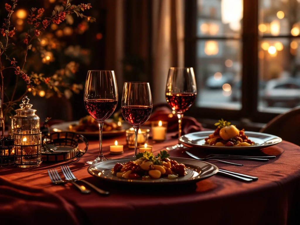 Romantische dinertafel voor twee met gourmetgerechten en wijnglazen in warm gouden licht, Eindhoven achtergrond