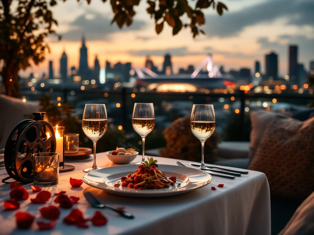 Romantisch diner met filmthema op dakterras in Eindhoven bij zonsondergang, gourmetgerecht en stadsgezicht op achtergrond