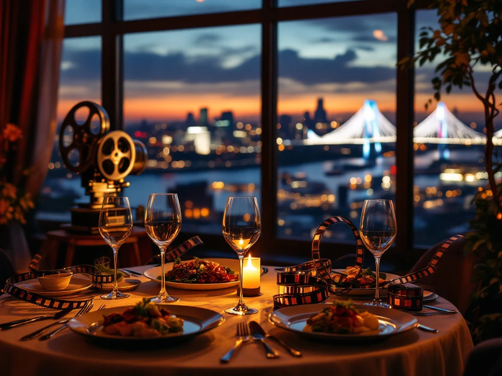Romantisch diner voor twee in Rotterdam restaurant met filmprojector, Erasmusbrug op achtergrond bij schemering