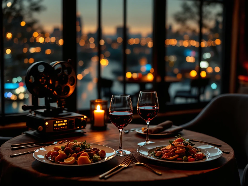Romantische dinertafel voor twee met kaarslicht, rode wijn en gourmetgerechten in elegant Rotterdam restaurant
