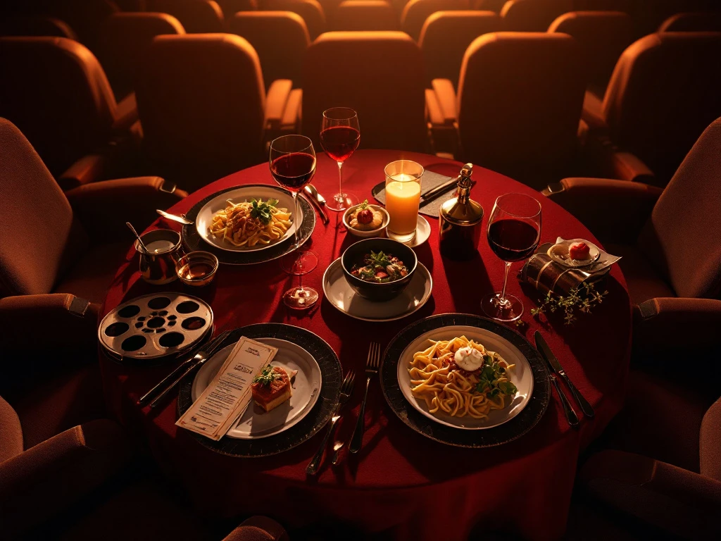 Romantische dinnertafel voor twee met pasta, wijn en filmrequisiten in warme gouden verlichting met bioscoopachtergrond
