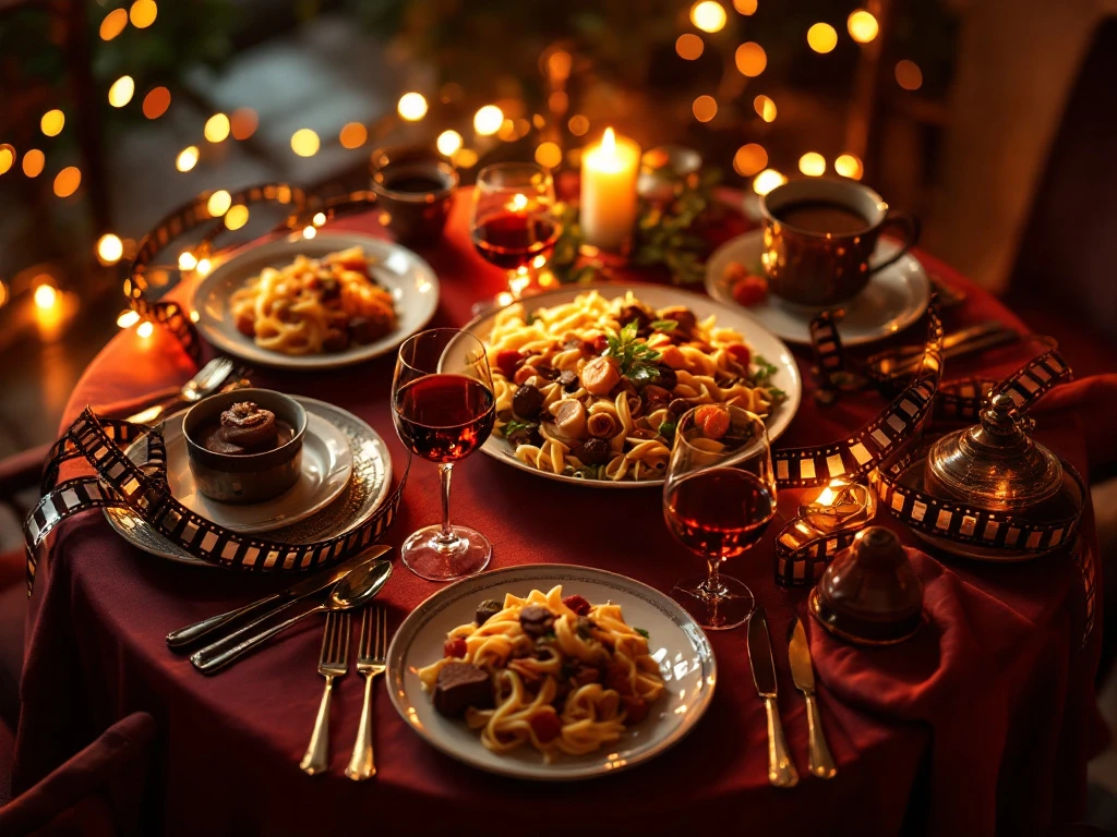 Romantische dinertafel voor twee met filmrol tussen gourmetgerechten, wijn en chocolade desserts in warme verlichting