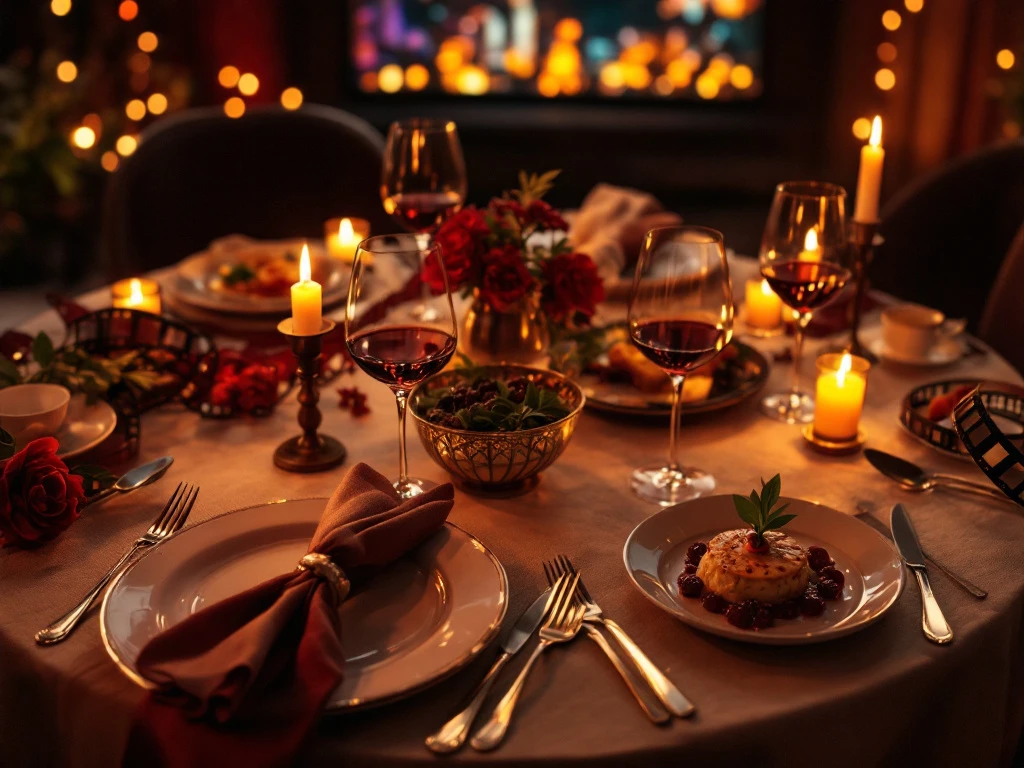 Elegante dinertafel voor twee met kaarslicht, wijnglazen en gourmet gerechten, bioscoop op achtergrond