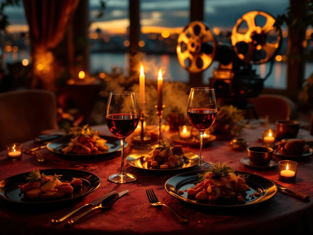 Romantisch gedekte tafel voor twee met kaarslicht, rode wijn en filmprojector met Rotterdam skyline op achtergrond