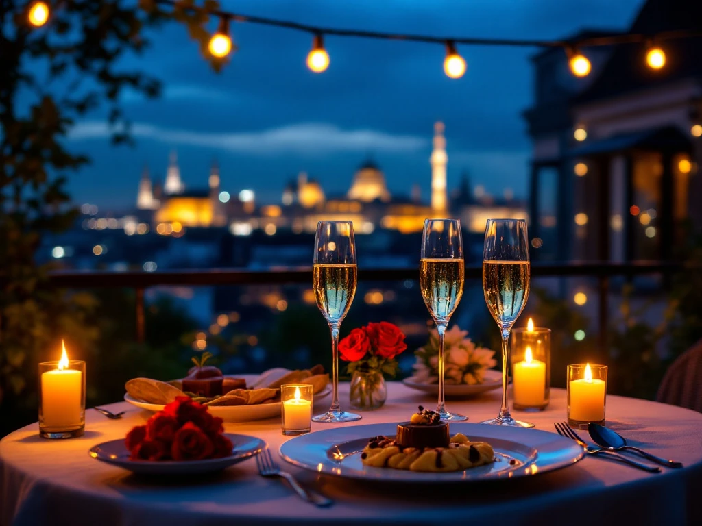 Romantisch kaarsverlicht diner voor twee op terras met uitzicht op nachtelijk Den Haag, Vredespaleis zichtbaar, champagne en rode rozen.