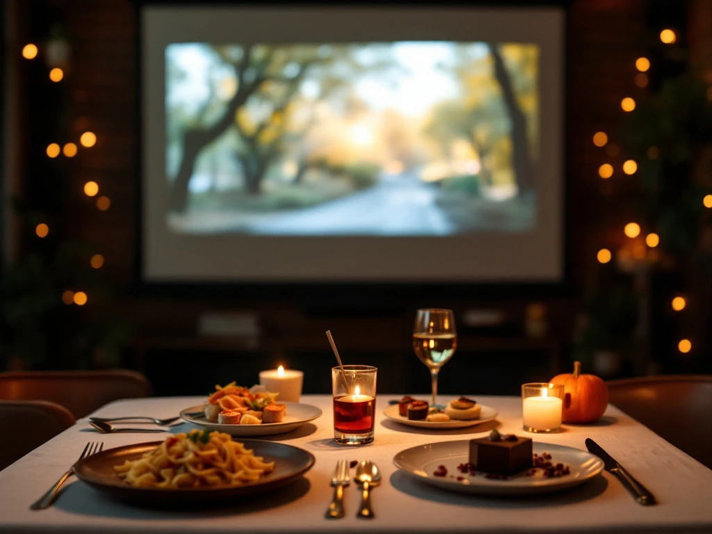 Romantisch gedekte tafel voor twee met filmthema-gerechten, kaarsen, wijn en projectorscherm waarop een film wordt vertoond in warm licht.