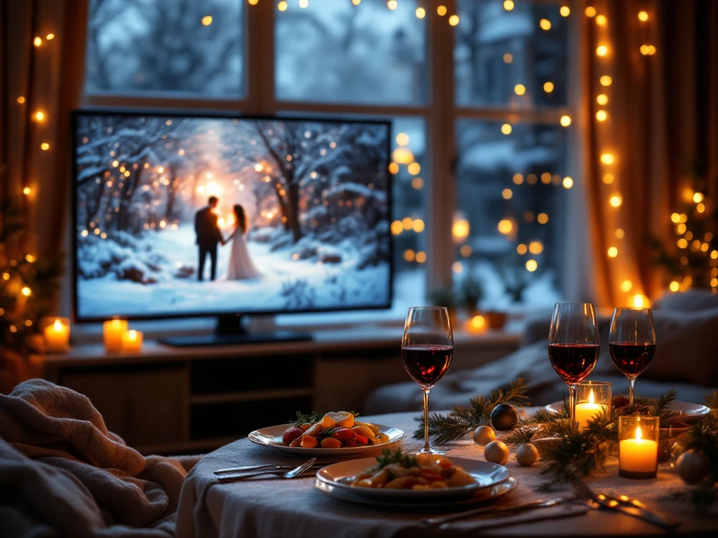 Gezellige woonkamer met romantische filmavond, gedekte tafel met wijnglazen en kaarslicht, Eindhoven winteruitzicht