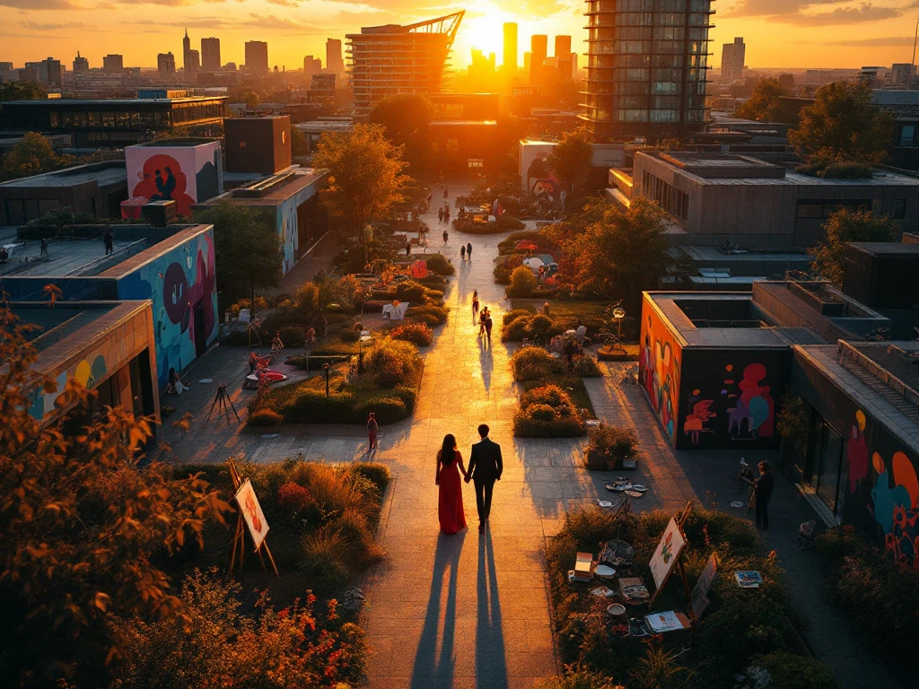 Romantisch koppel wandelt door Rotterdams kunstdistrict bij zonsondergang met Kunsthal en Museum Boijmans op achtergrond