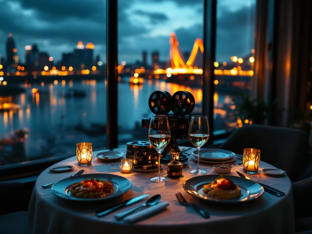 Romantisch diner voor twee in Rotterdam restaurant met verlichte Erasmusbrug op achtergrond en vintage filmapparatuur