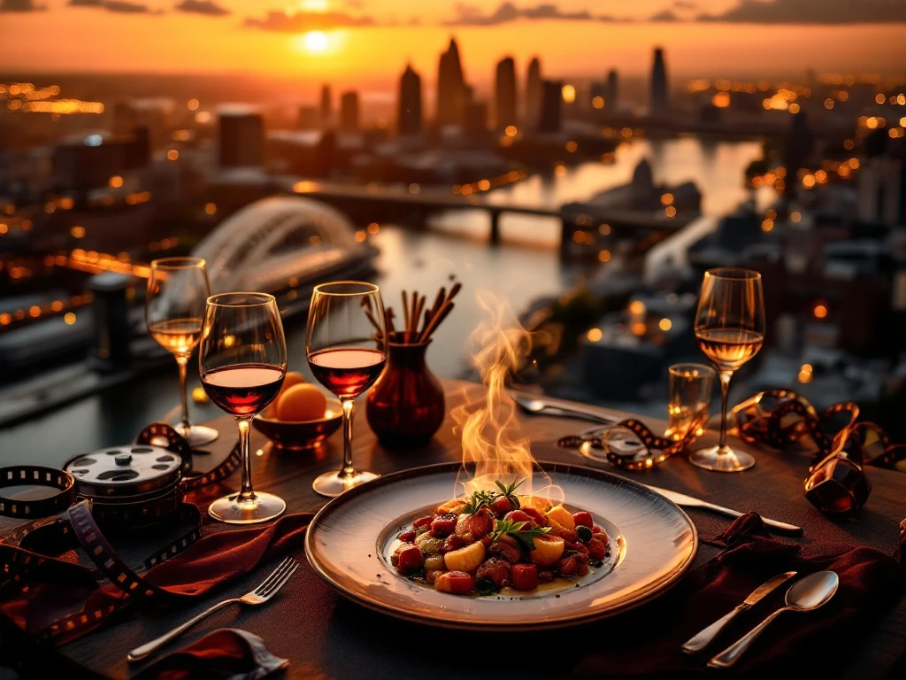 Luchtfoto van Rotterdam skyline met Erasmusbrug tijdens gouden uur, gourmet gerecht en wijnglazen zwevend boven stad