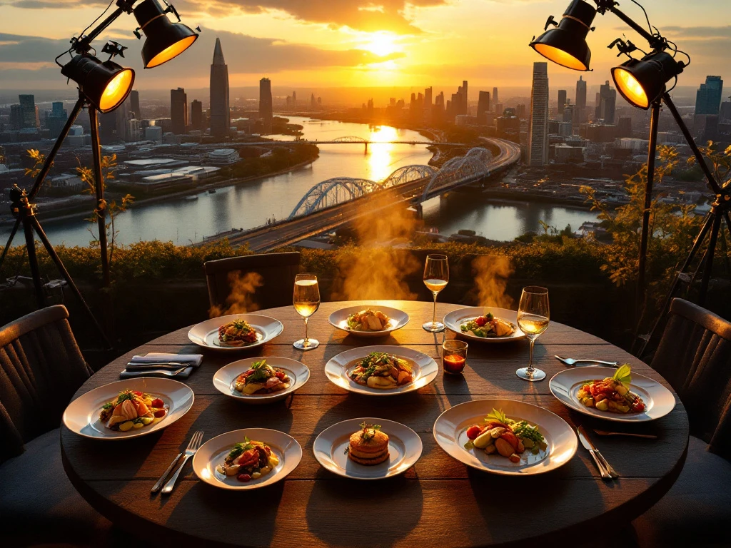 Zeven gourmet gerechten op houten tafel met Rotterdam skyline en Erasmusbrug op achtergrond tijdens gouden uur