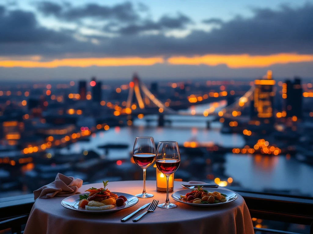 Romantisch diner voor twee met uitzicht op Rotterdam skyline en Erasmusbrug tijdens gouden uur, wijnglazen en gastronomische gerechten