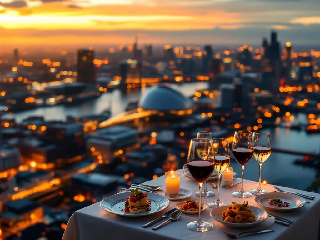 Romantisch diner met uitzicht op Rotterdam skyline bij zonsondergang, met Erasmusbrug en Kubuswoningen op achtergrond