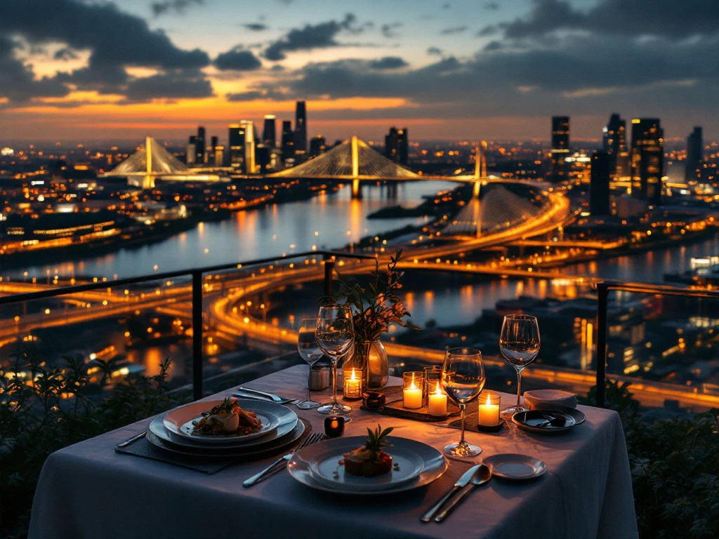 Romantisch diner met uitzicht op Rotterdam skyline bij zonsondergang, Erasmusbrug en Maas rivier zichtbaar