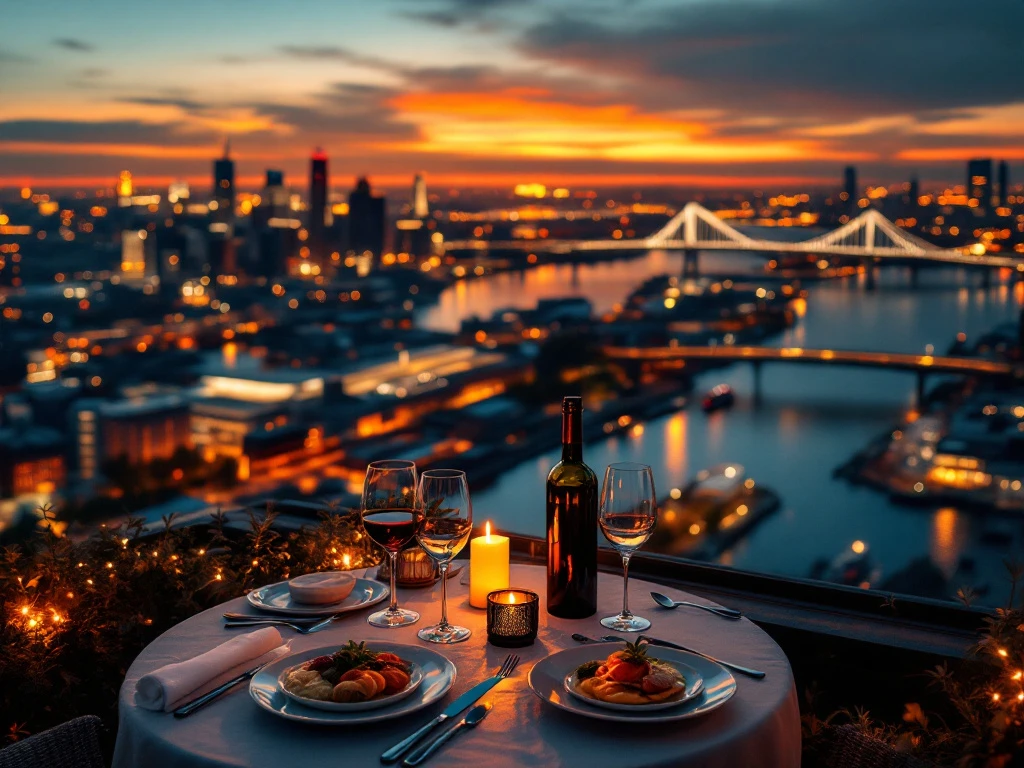 Romantisch diner voor twee met uitzicht op Rotterdam skyline en Erasmusbrug tijdens gouden uur, kaarslicht en wijn