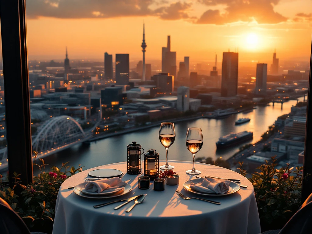 Romantisch diner met uitzicht op Rotterdam skyline en Erasmusbrug tijdens gouden uur, met filmische decoratie en wijngl