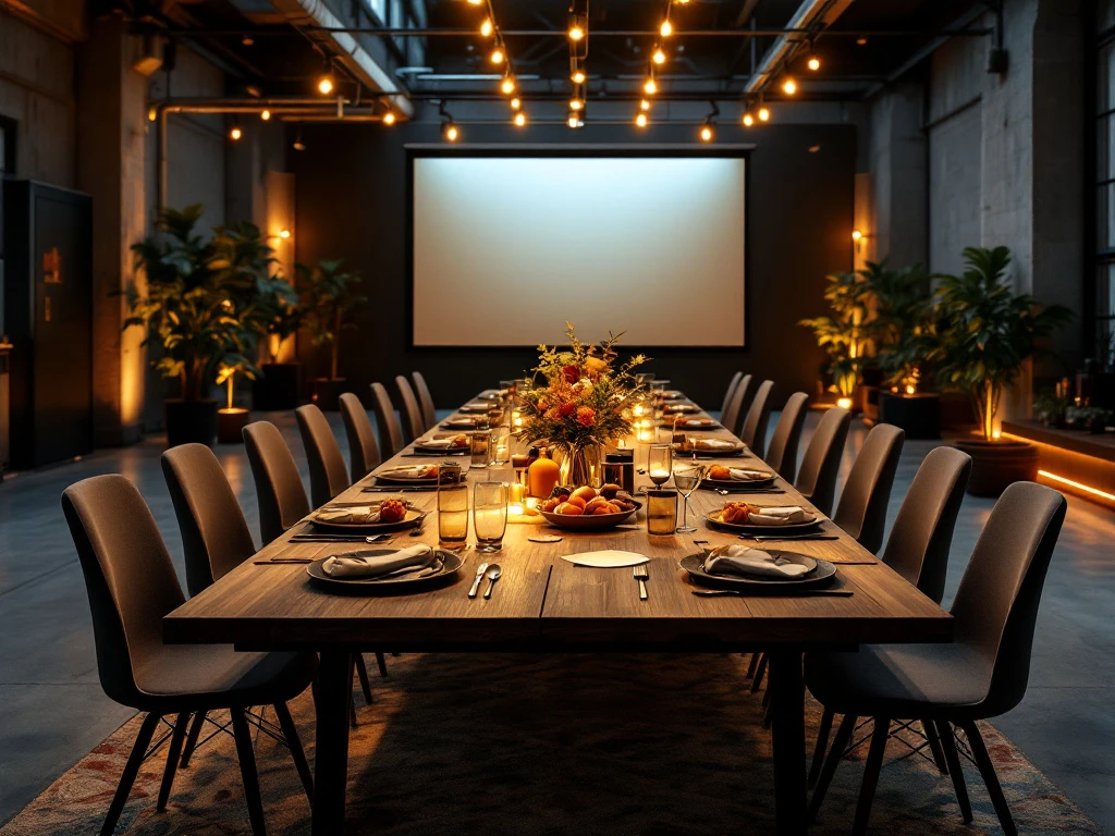 Sfeervol gedekte tafel in industriële ruimte voor teamuitje, met warm licht, elegant gepresenteerde hapjes, filmapparatuur en creatieve decoraties.