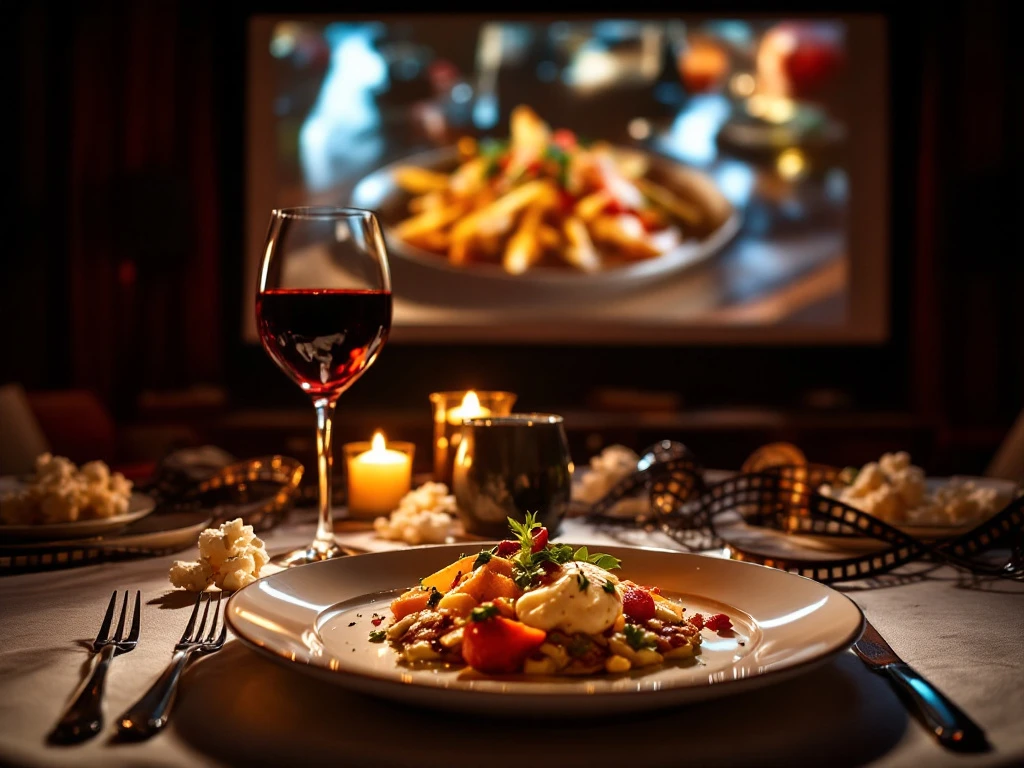 Elegante tafelopstelling met gourmetgerecht dat overeenkomt met voedselscène op grote bioscoopprojectie, theatrale verlichting en wijnglas